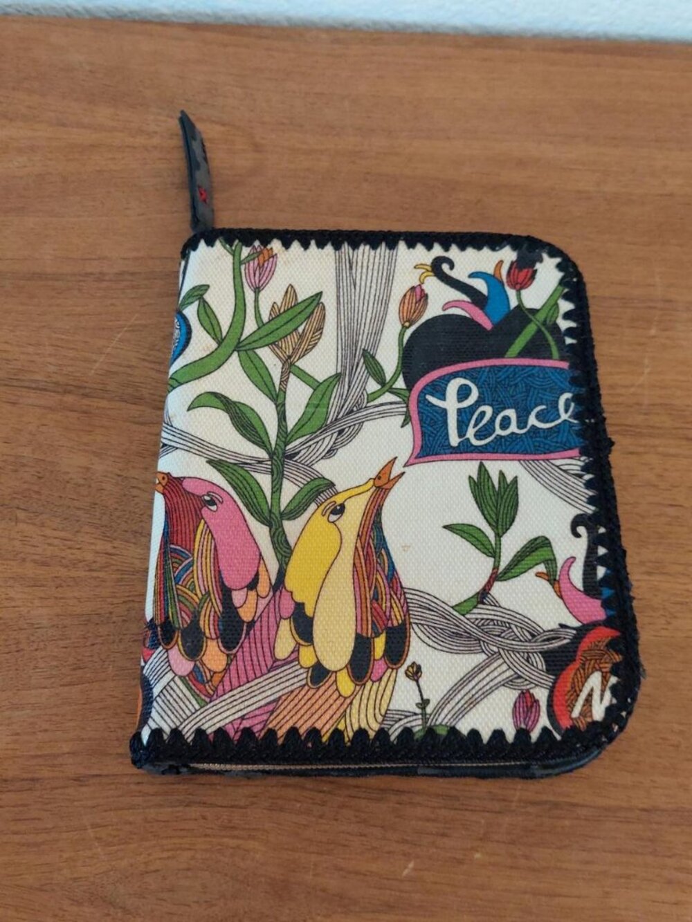 Sakroots "Peace" Canvas Zip Around Wallet with Bird Motif and Crochet Edge